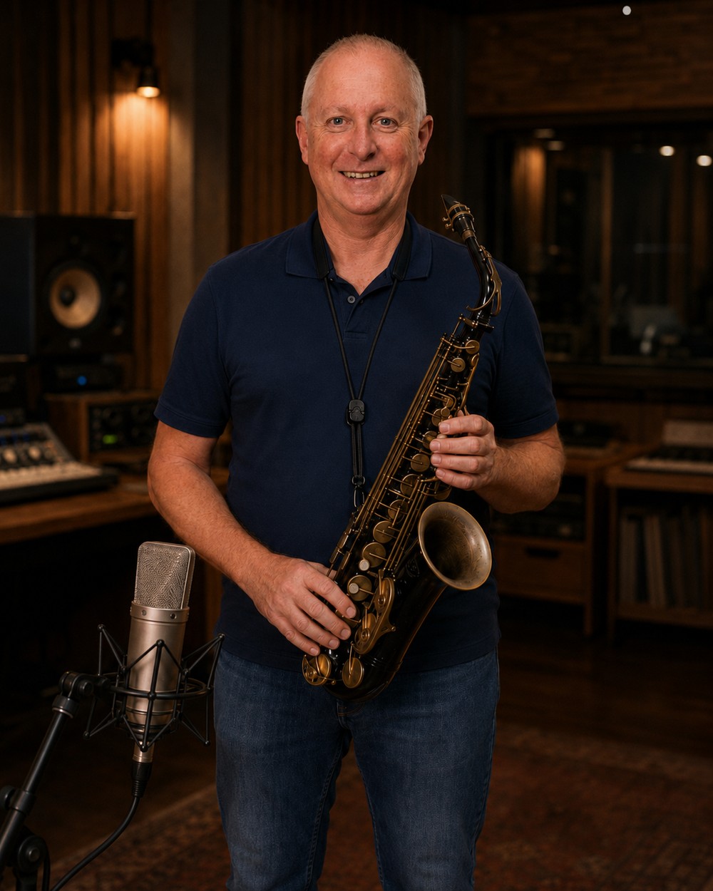 Andy in a navy polo holding his alto saxophone in the recording studio