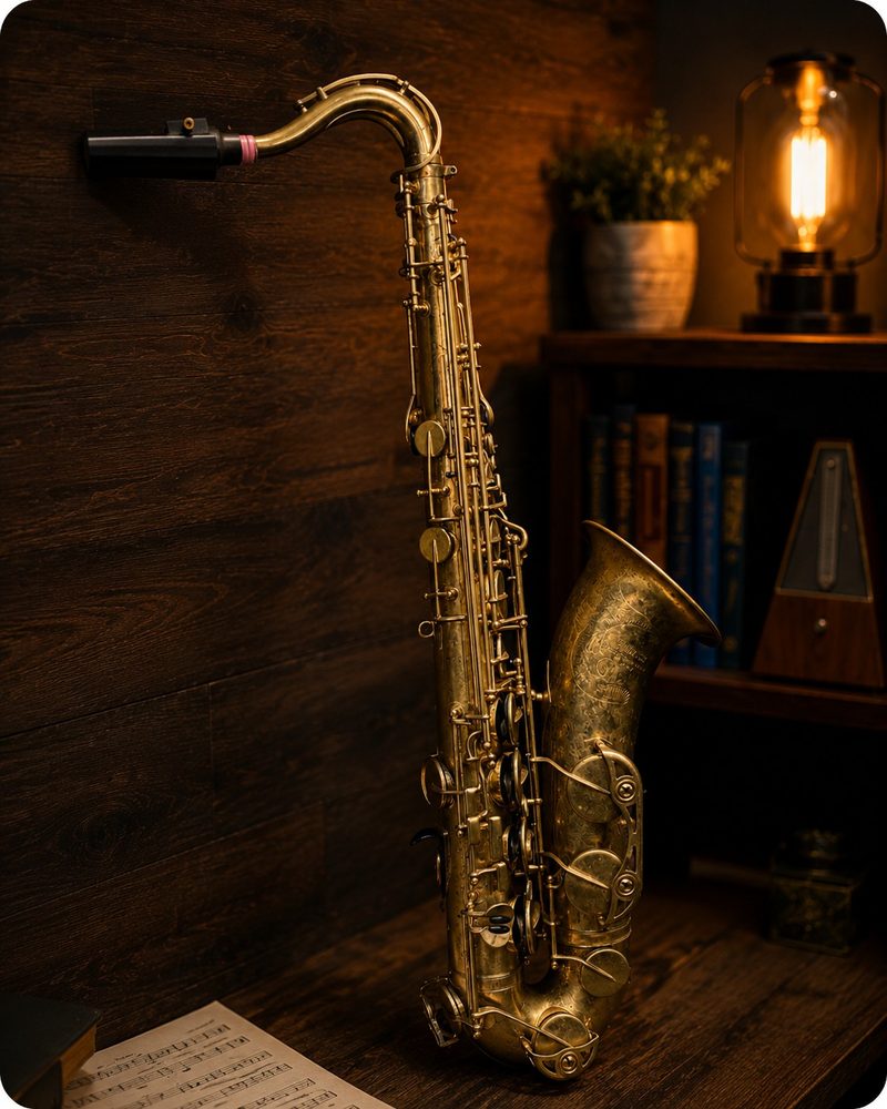 A saxophone in a warm timber music studio